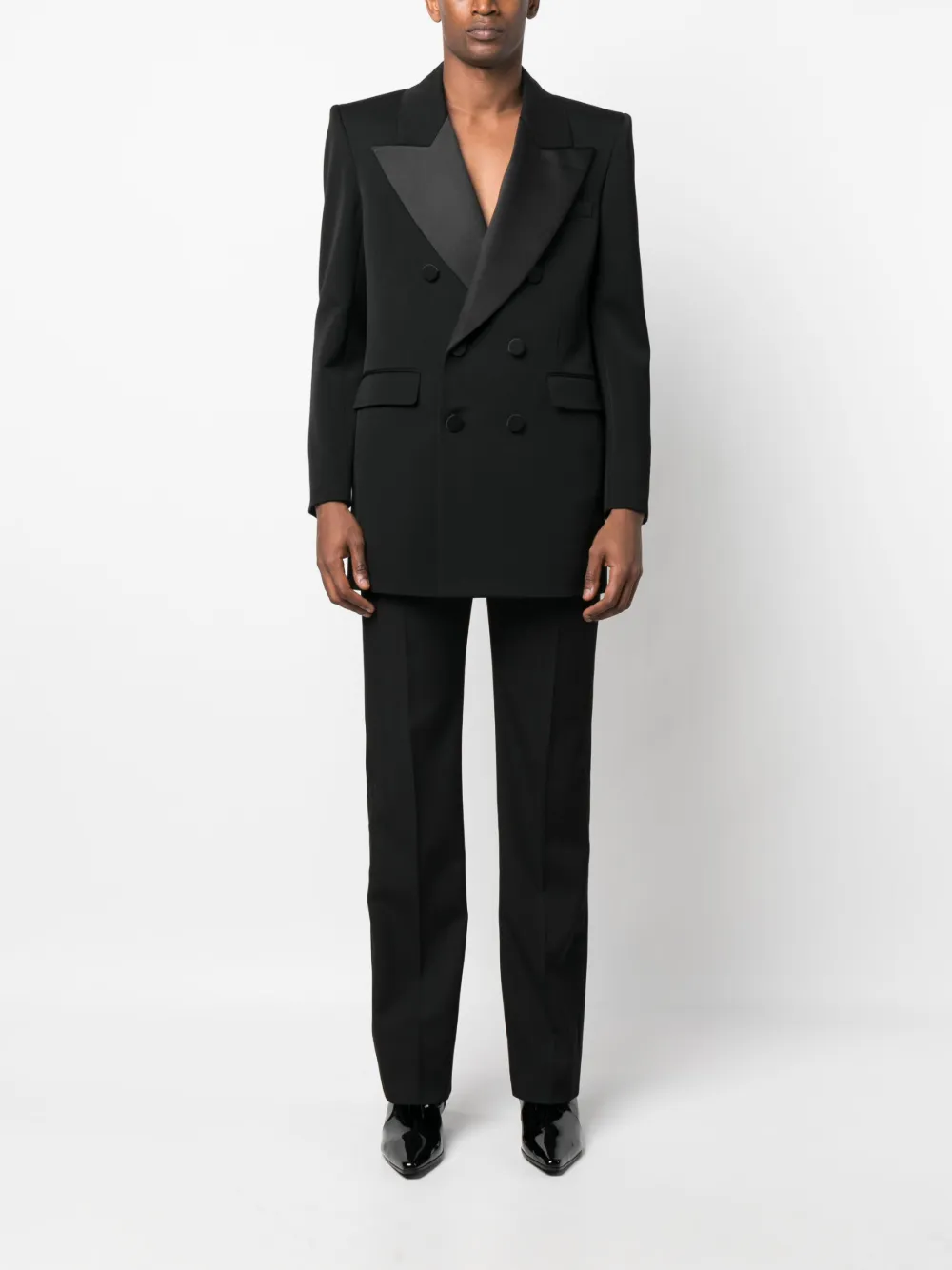 Shop Saint Laurent Double-breasted Wool Tuxedo Jacket In Black