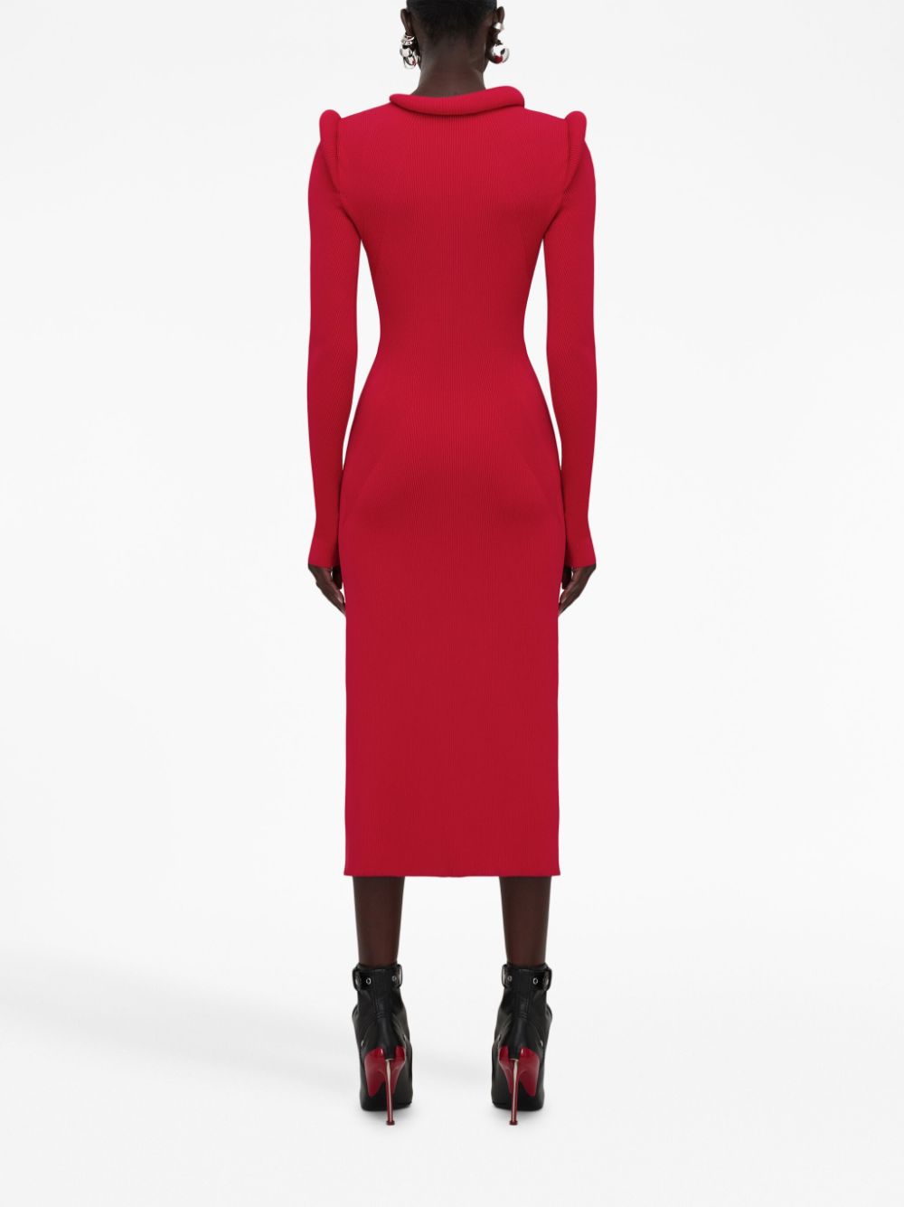 Shop Alexander Mcqueen Ribbed Long-sleeve Midi Dress In Red