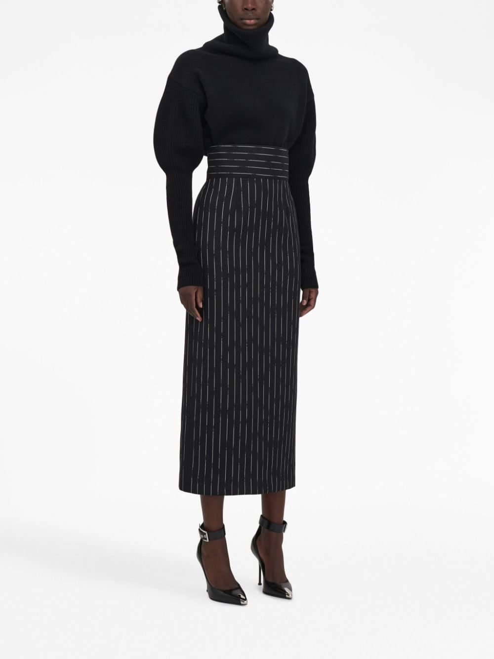 Shop Alexander Mcqueen Striped High-waisted Midi Skirt In Black