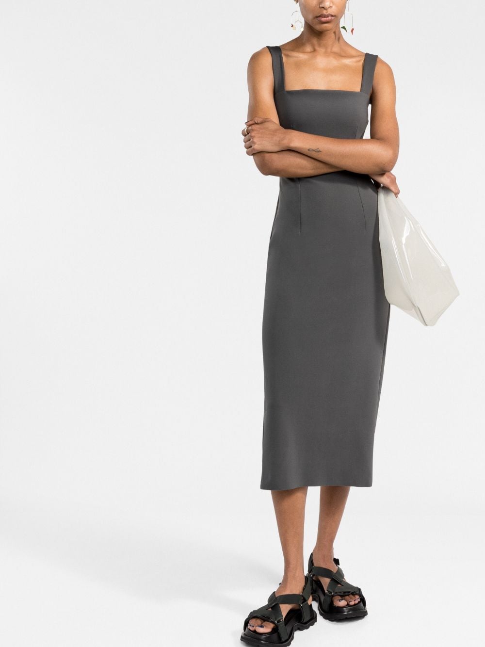 Shop There Was One Square-neck Pencil Midi Dress In Grey
