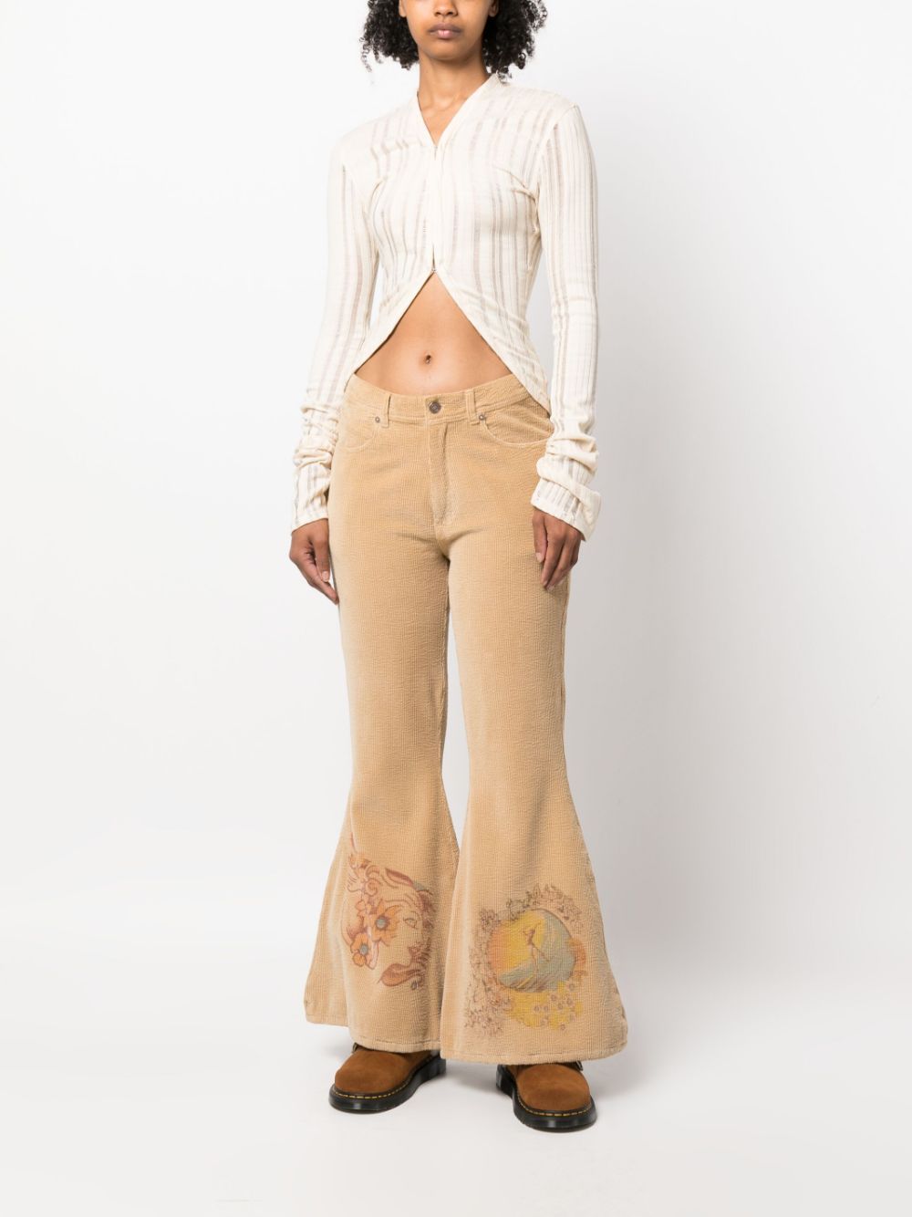 Shop Erl Illustration-print Corduroy Flared Trousers In Neutrals