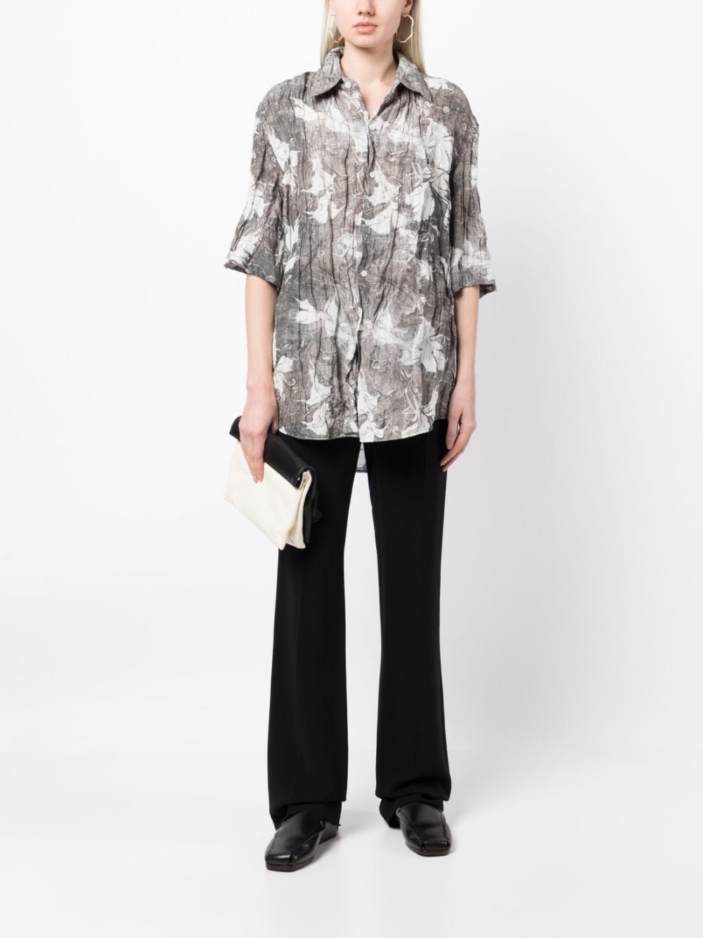 Lemaire Crinkled Marble-print Silk-blend Shirt In Grey Multi | ModeSens