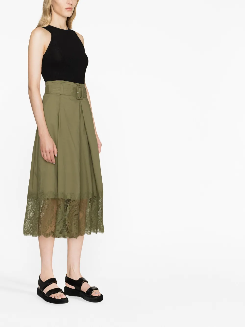 Twinset Floral-lace Belted Cropped Trousers In Green