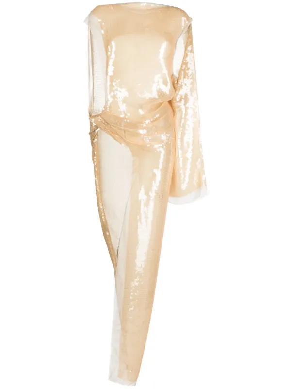 Rick Owens Asymmetric Sequinned Chiffon Maxi Dress in Neutrals