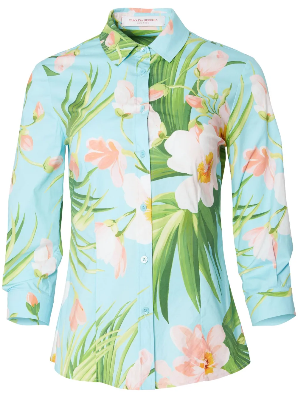 Carolina Herrera Floral Stretch Cotton Button-up Shirt In Blue