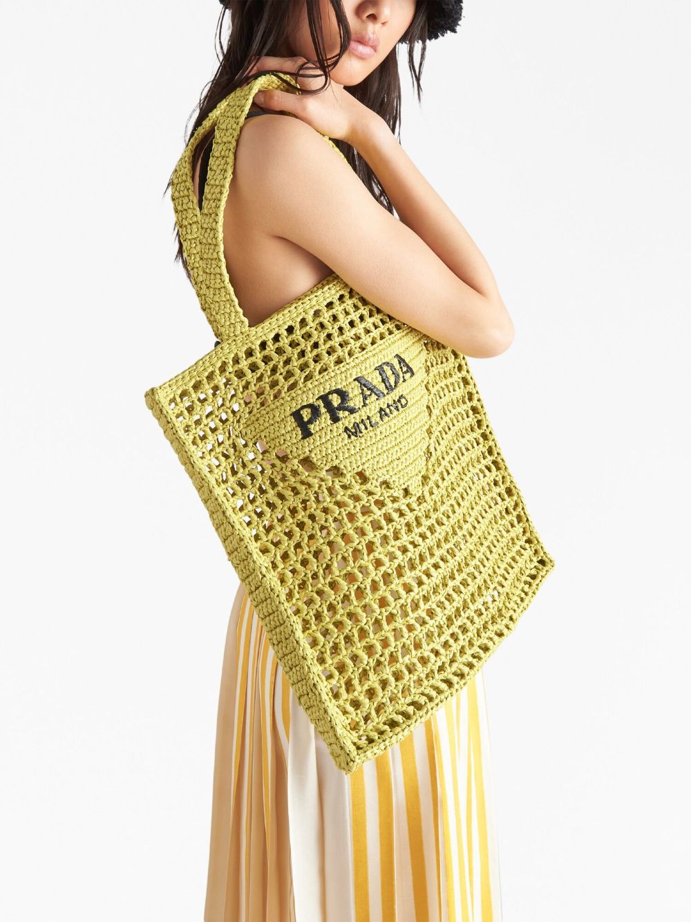 Shop Prada Logo-embroidered Raffia Tote Bag In Yellow