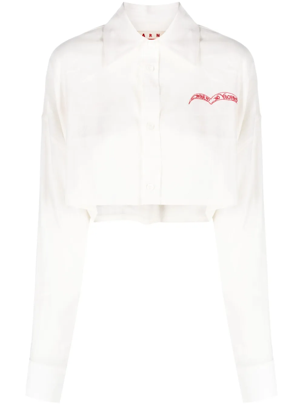 Marni Slogan-embroidered Long-sleeve Cropped Shirt In Nude