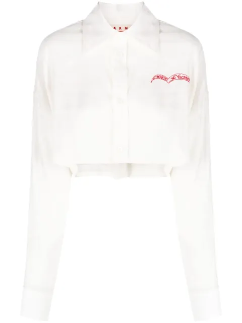 Marni slogan-embroidered long-sleeve cropped shirt