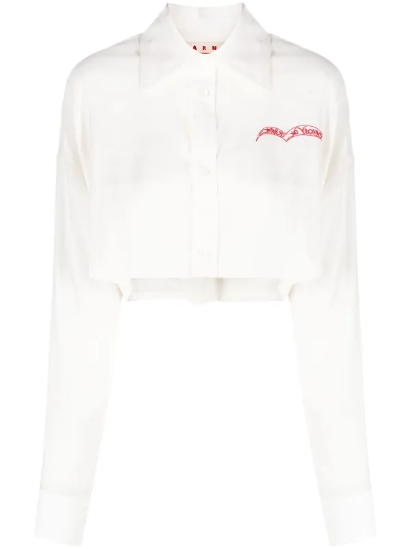 Marni Slogan-embroidered Long-sleeve Cropped Shirt in Neutrals