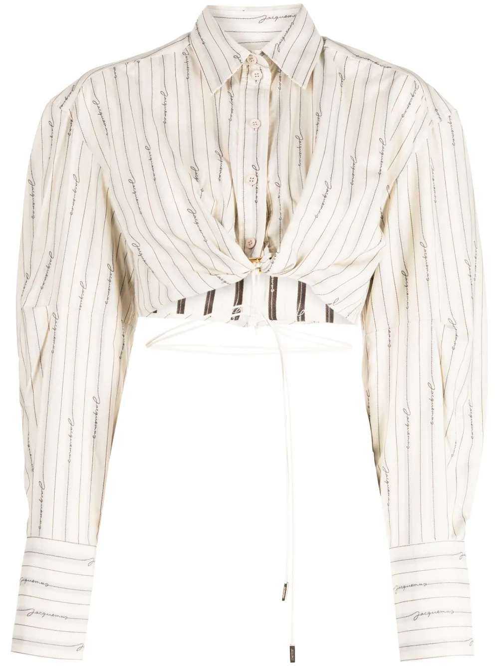 Jacquemus Plidao Logo Striped Crop Collared Shirt In Jacquard Beife Logo Stripe