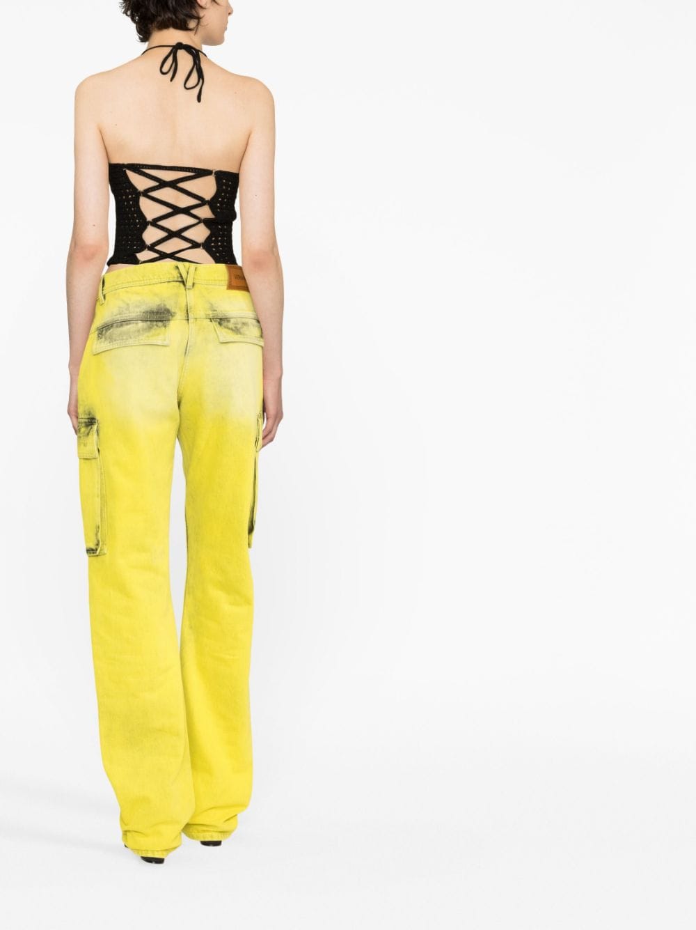 Shop Versace High-waisted Distressed Cargo Jeans In Gelb