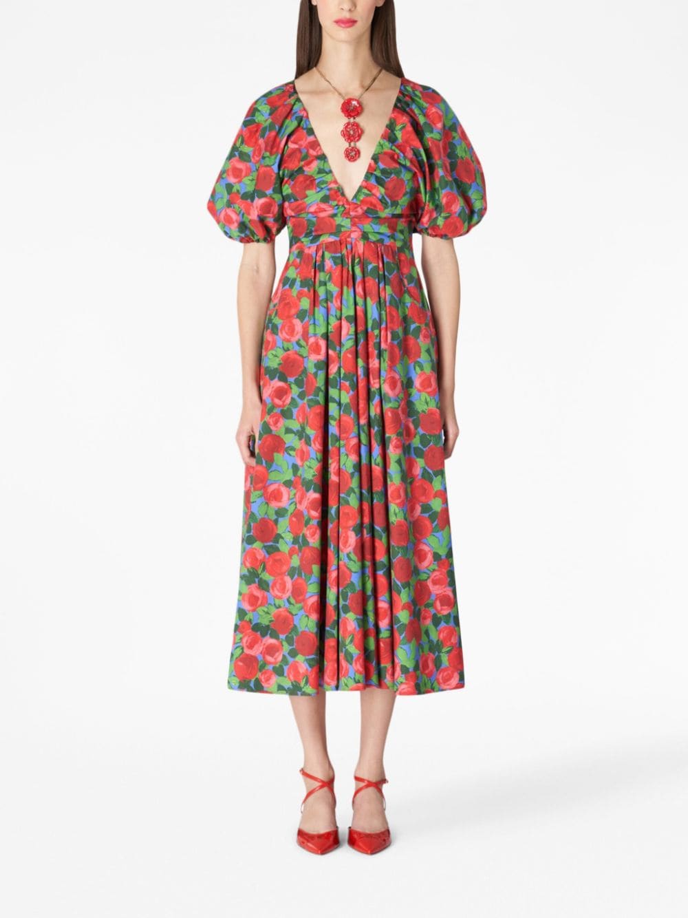 Shop Carolina Herrera Floral-print V-neck Midi Dress In Multicolour