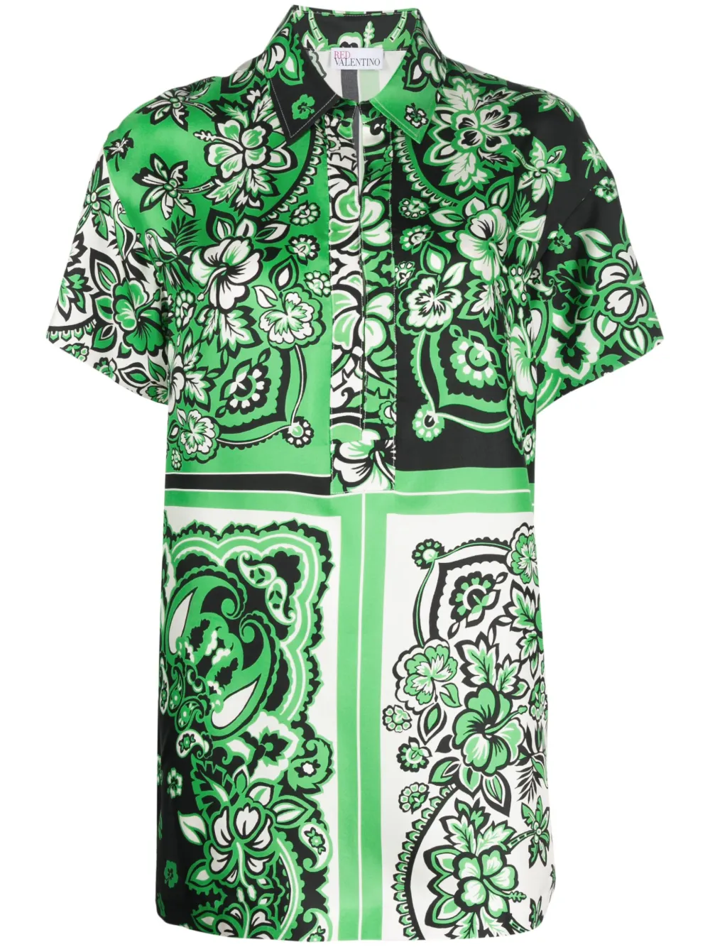 Red Valentino Floral Collared Short Sleeve Shirt In Green