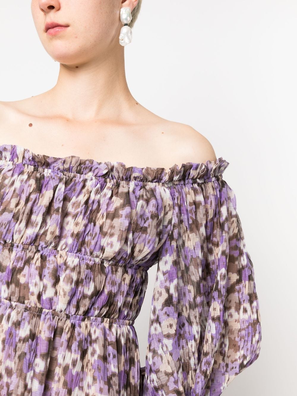 Shop Sabina Musayev Floral-print Off-shoulder Midi Dress In Purple