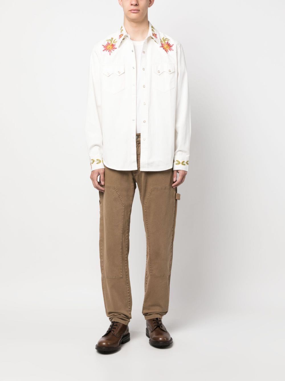 Shop Ralph Lauren Rrl Floral-embroidered Cotton Shirt In White