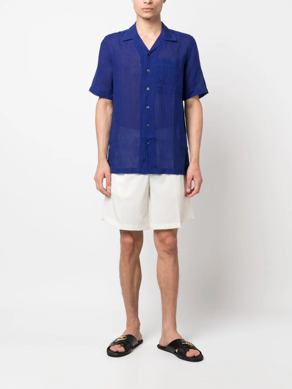 120% Lino Gestreept overhemd - Blauw