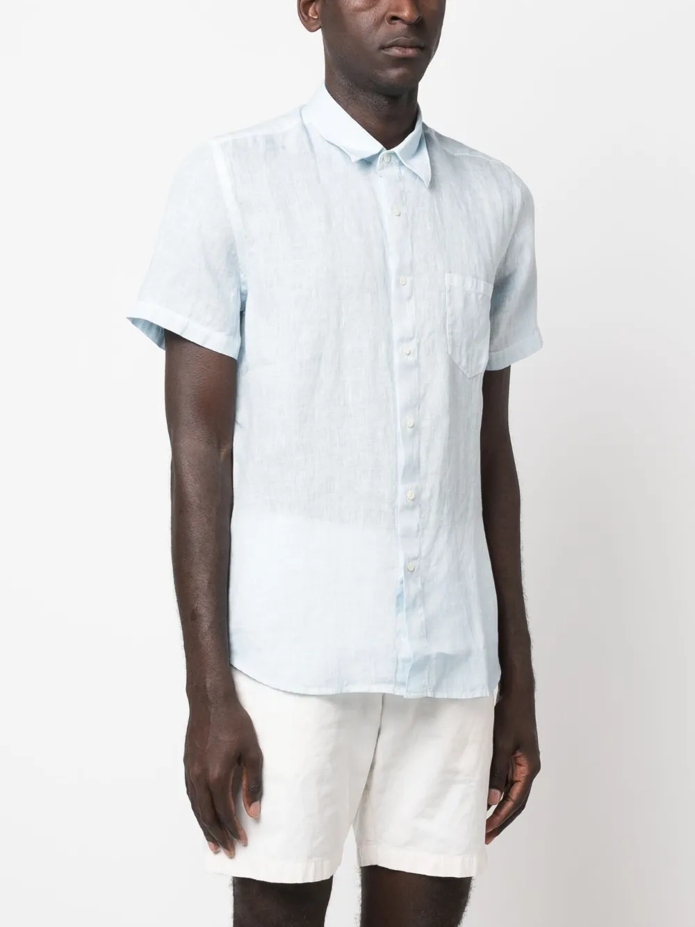 120% Lino Slub-texture Short-sleeved Linen Shirt In Blue
