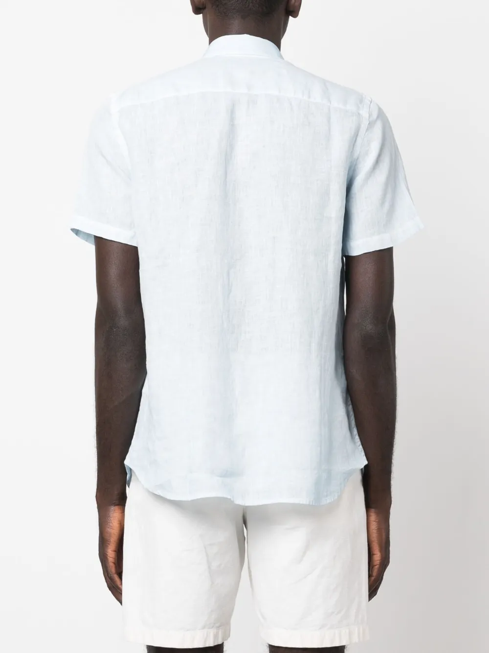 120% Lino Slub-texture Short-sleeved Linen Shirt In Blue
