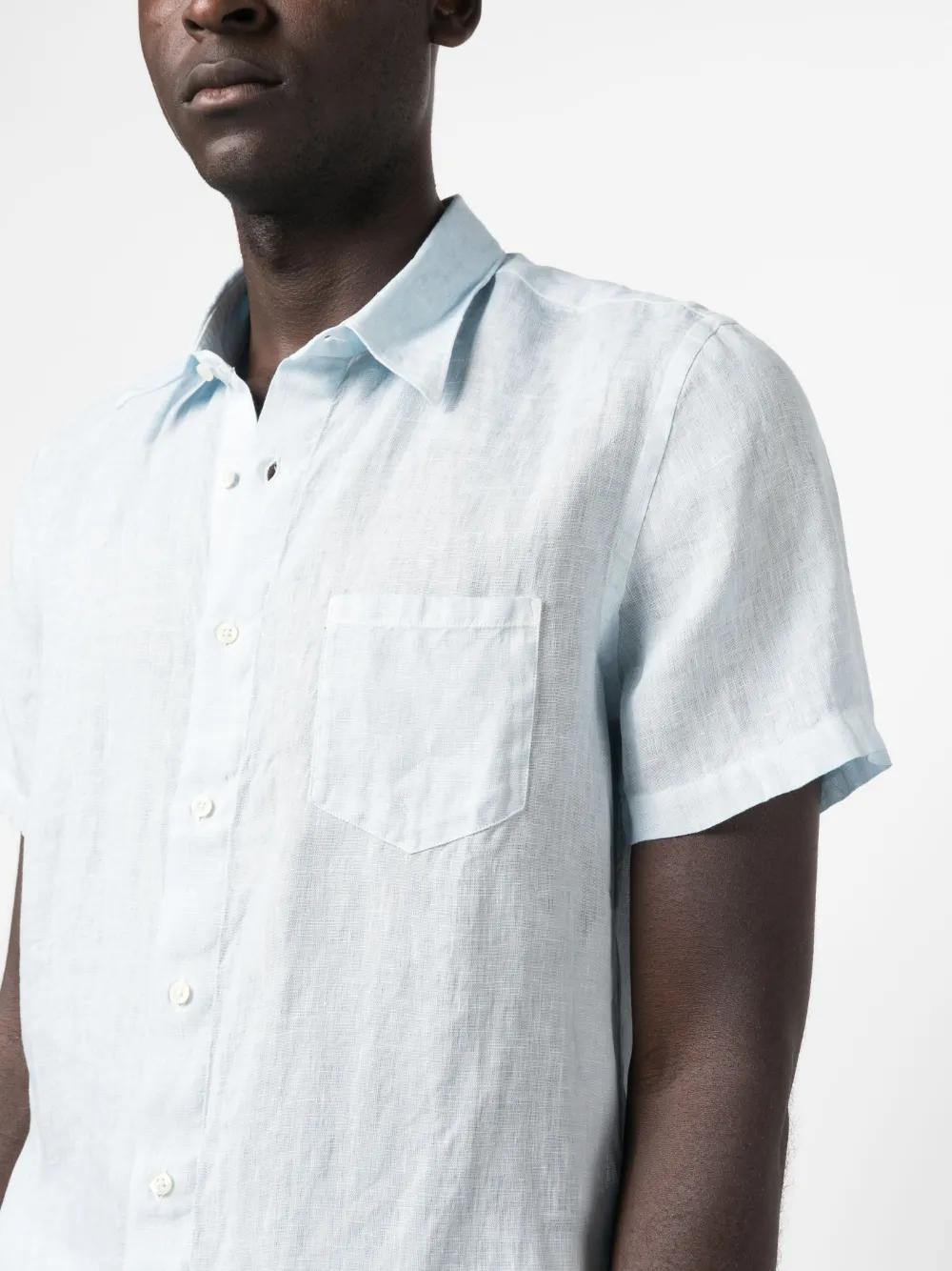 120% Lino Slub-texture Short-sleeved Linen Shirt In Blue
