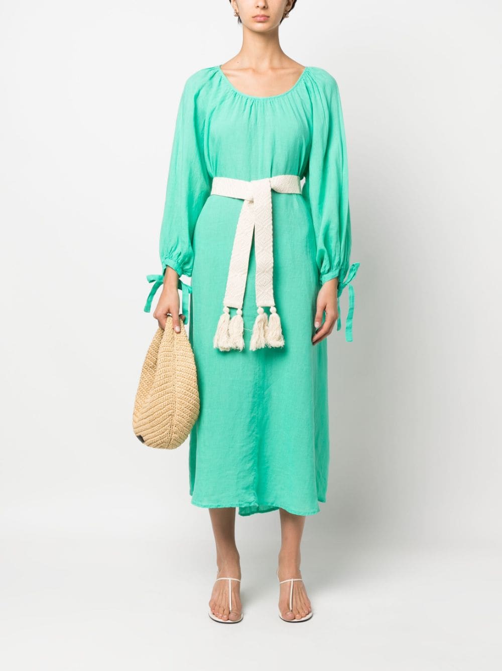 Shop 120% Lino Belted Linen Midi Dress In Green