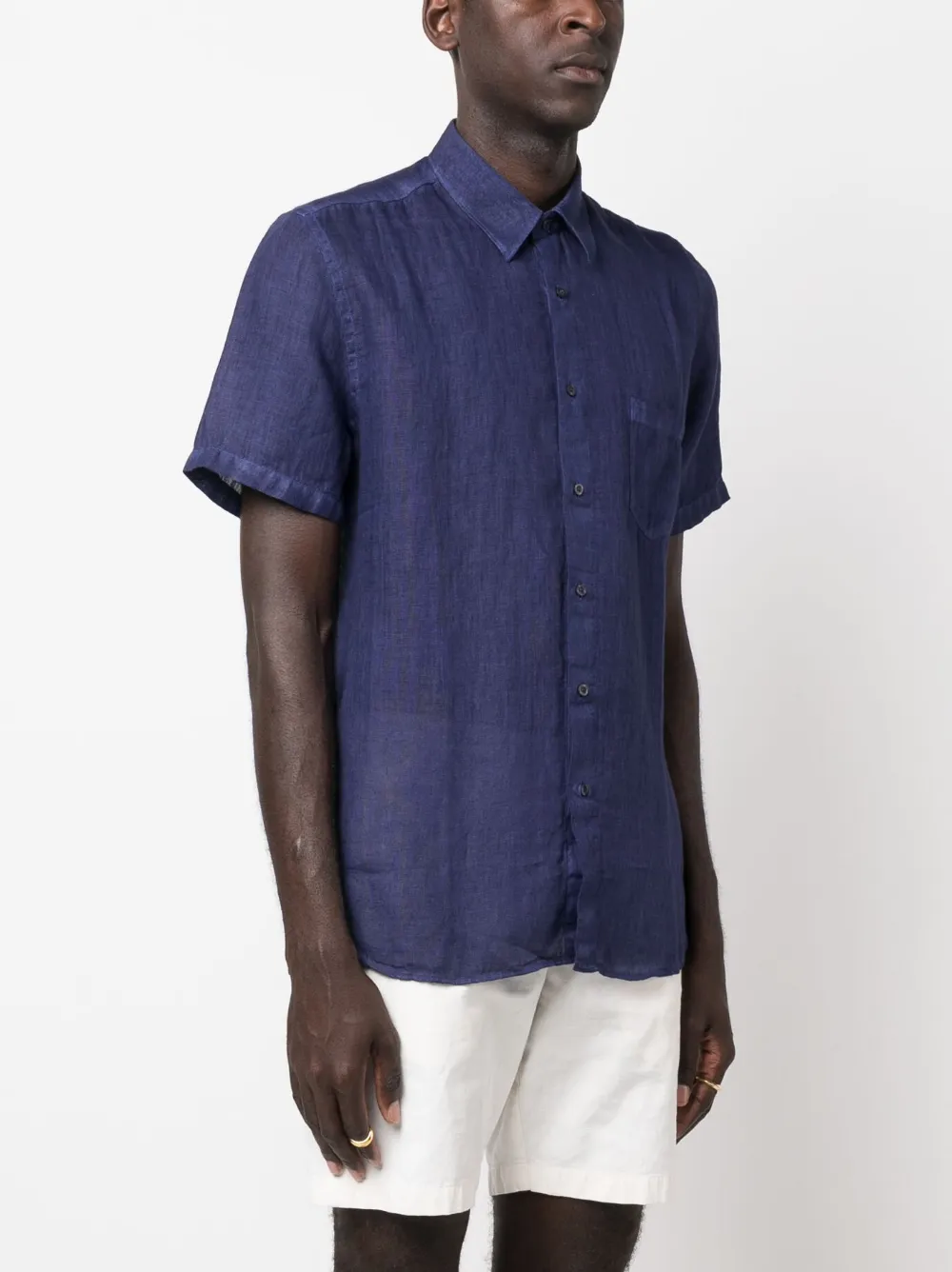 120% Lino Slub-texture Short-sleeved Linen Shirt In Blue