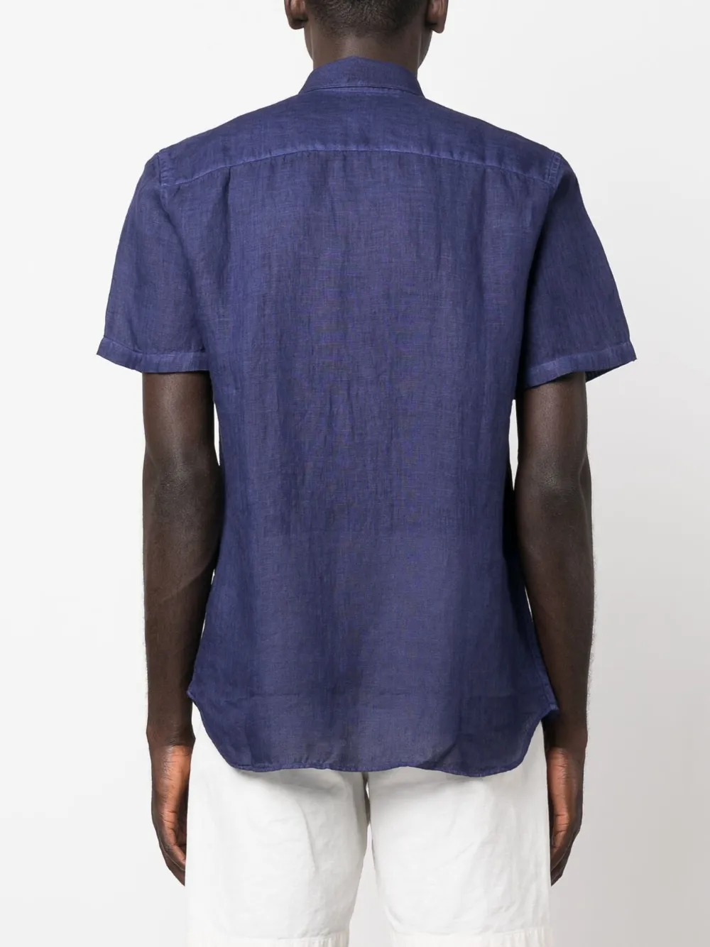 120% Lino Slub-texture Short-sleeved Linen Shirt In Blue