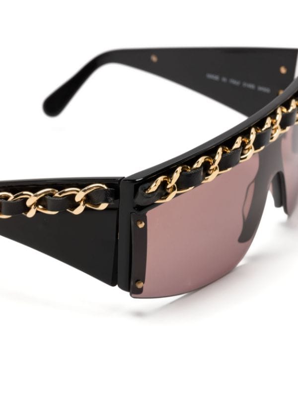 CHANEL Pre-Owned 1990-2000s leather-and-chain Trimmed Shield Sunglasses -  Farfetch