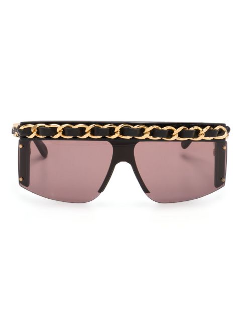 CHANEL 1990-2000s leather-and-chain trimmed shield sunglasses Women