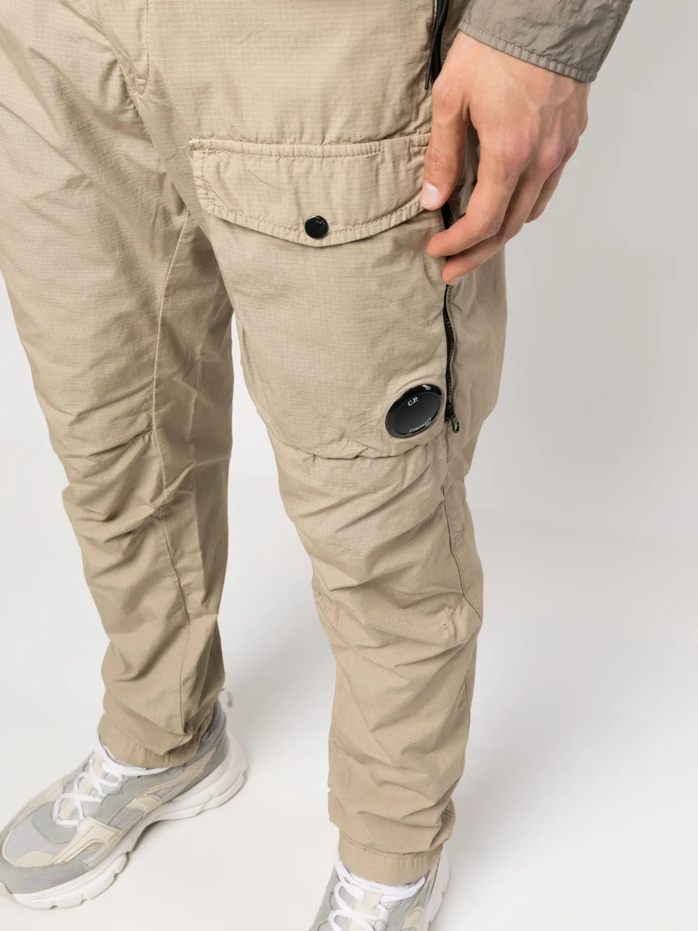 C.p. Company Lens-detail Cotton Tapered Trousers In Neutrals
