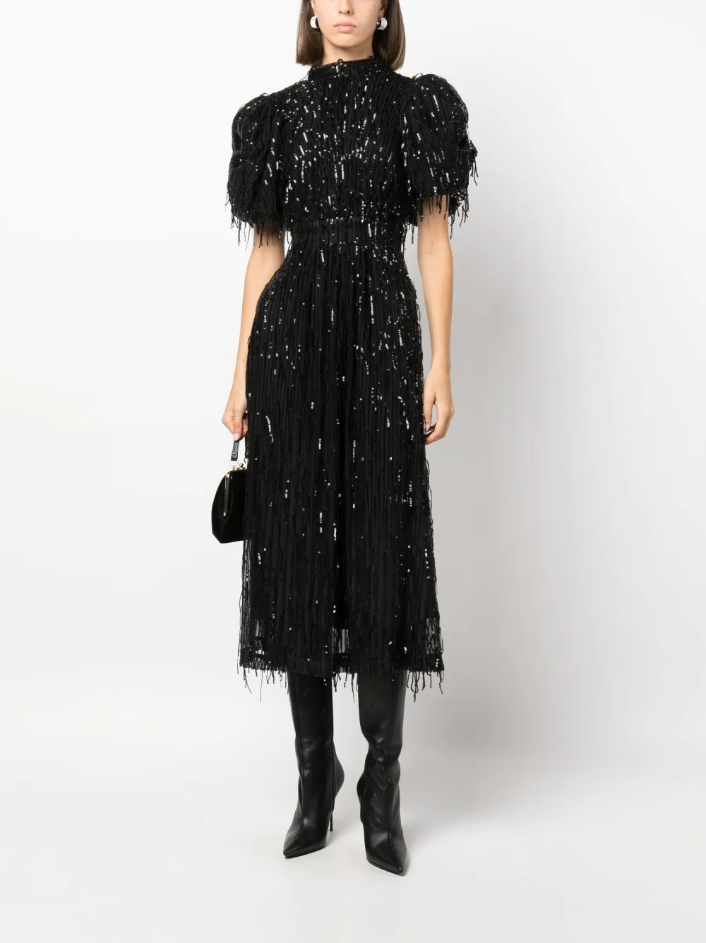 ROTATE sequin-embellished puff-sleeve midi dress - Zwart