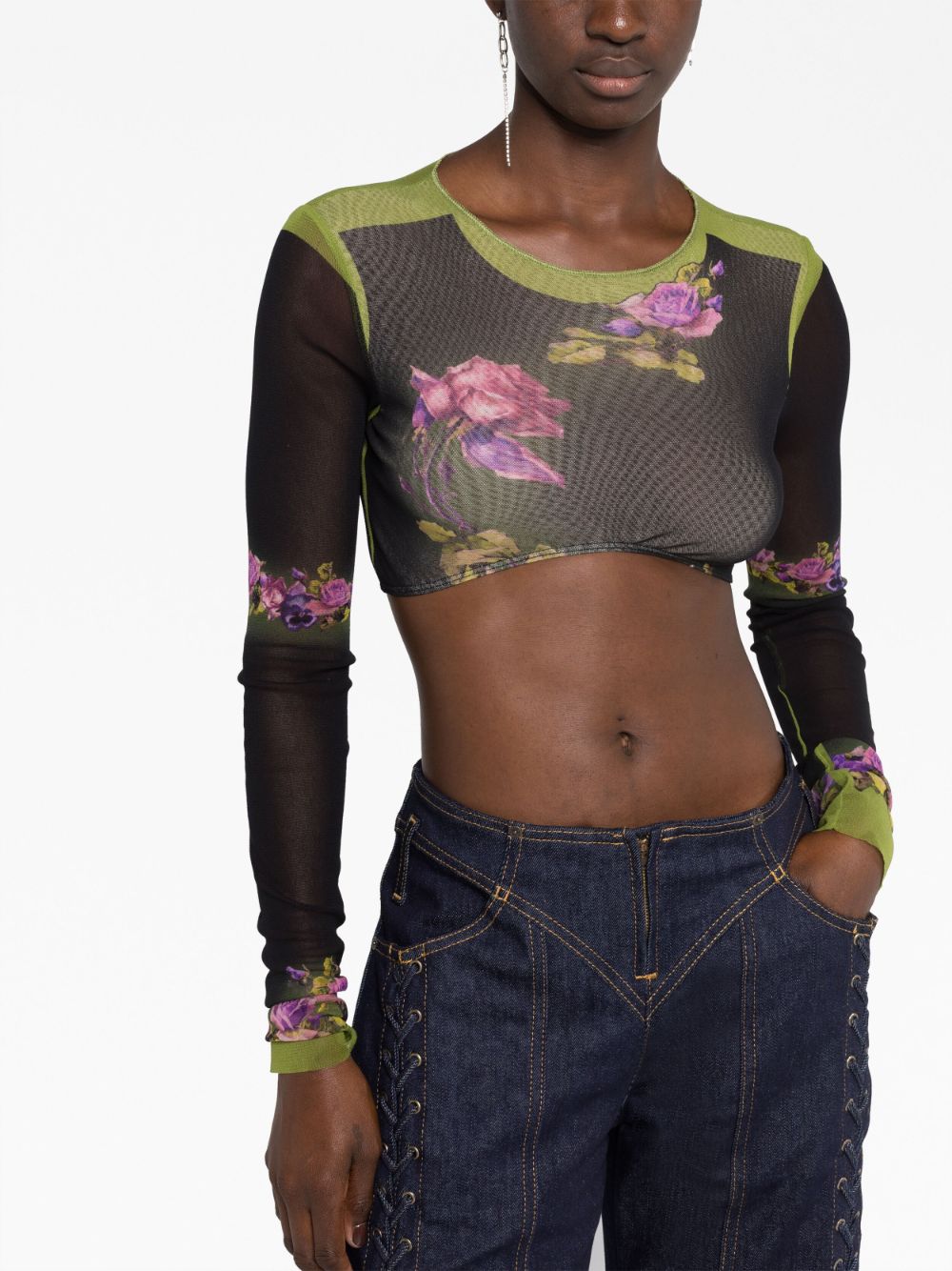 Shop Jean Paul Gaultier Floral-print Cropped Top In Black