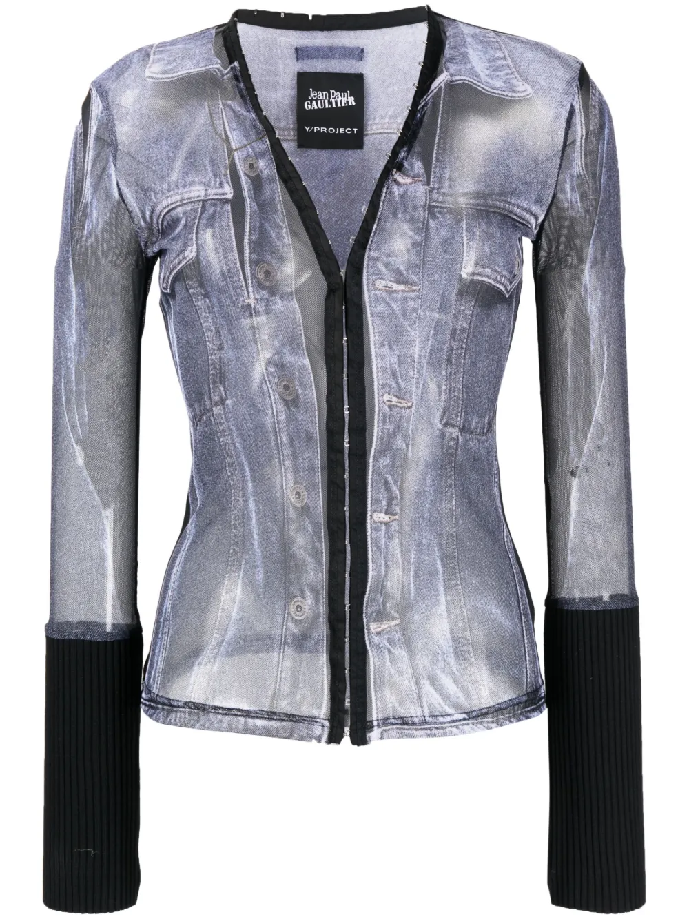 Y/project X Jean Paul Gaultier Trompe-l'oeil Denim Sheer Hook And Eye Top Black And White In Schwarz