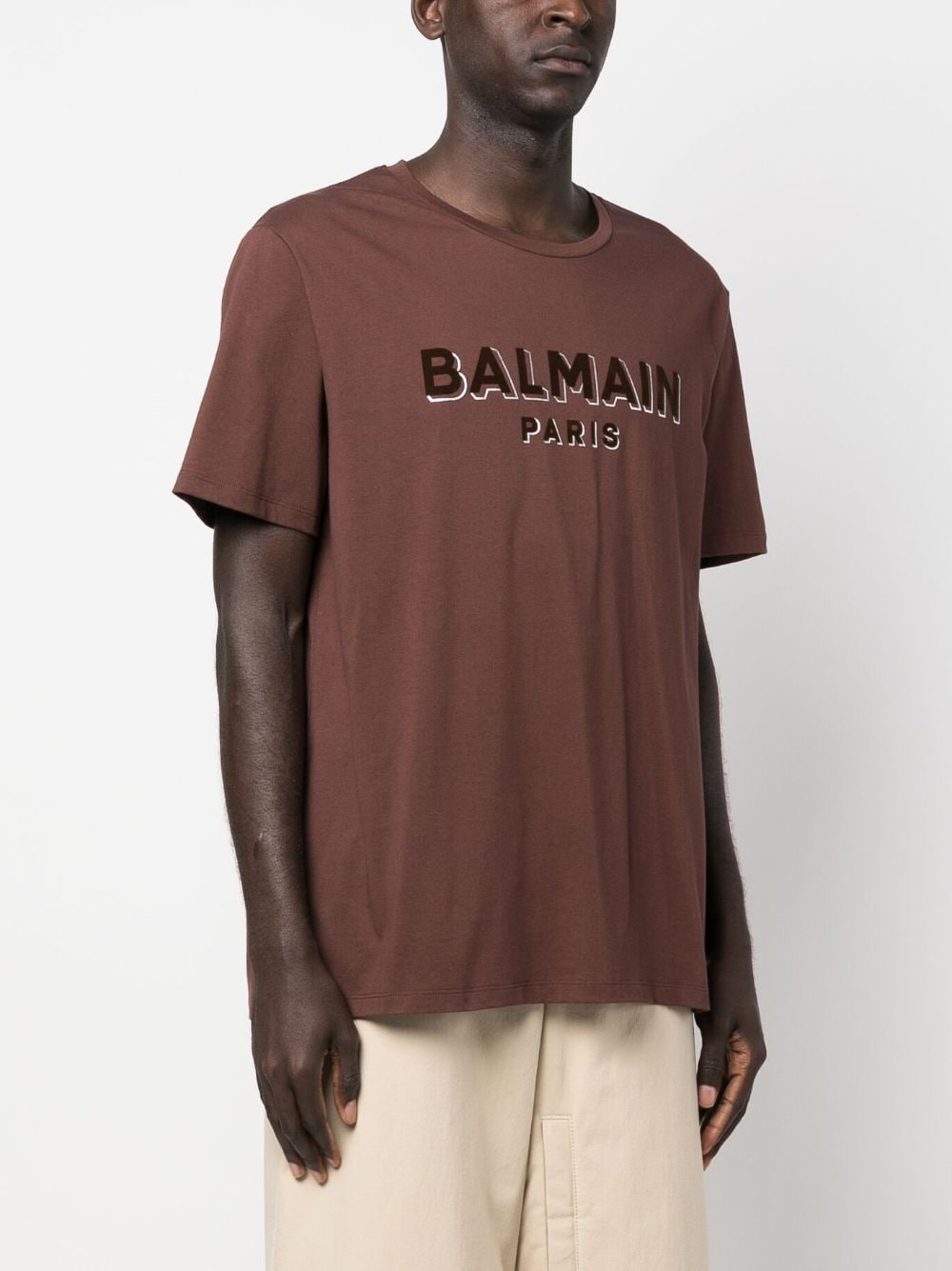 Shop Balmain Flocked-logo Cotton T-shirt In Brown
