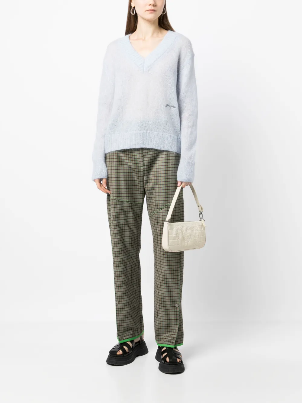 GANNI embroidered-logo V-neck jumper - Blauw