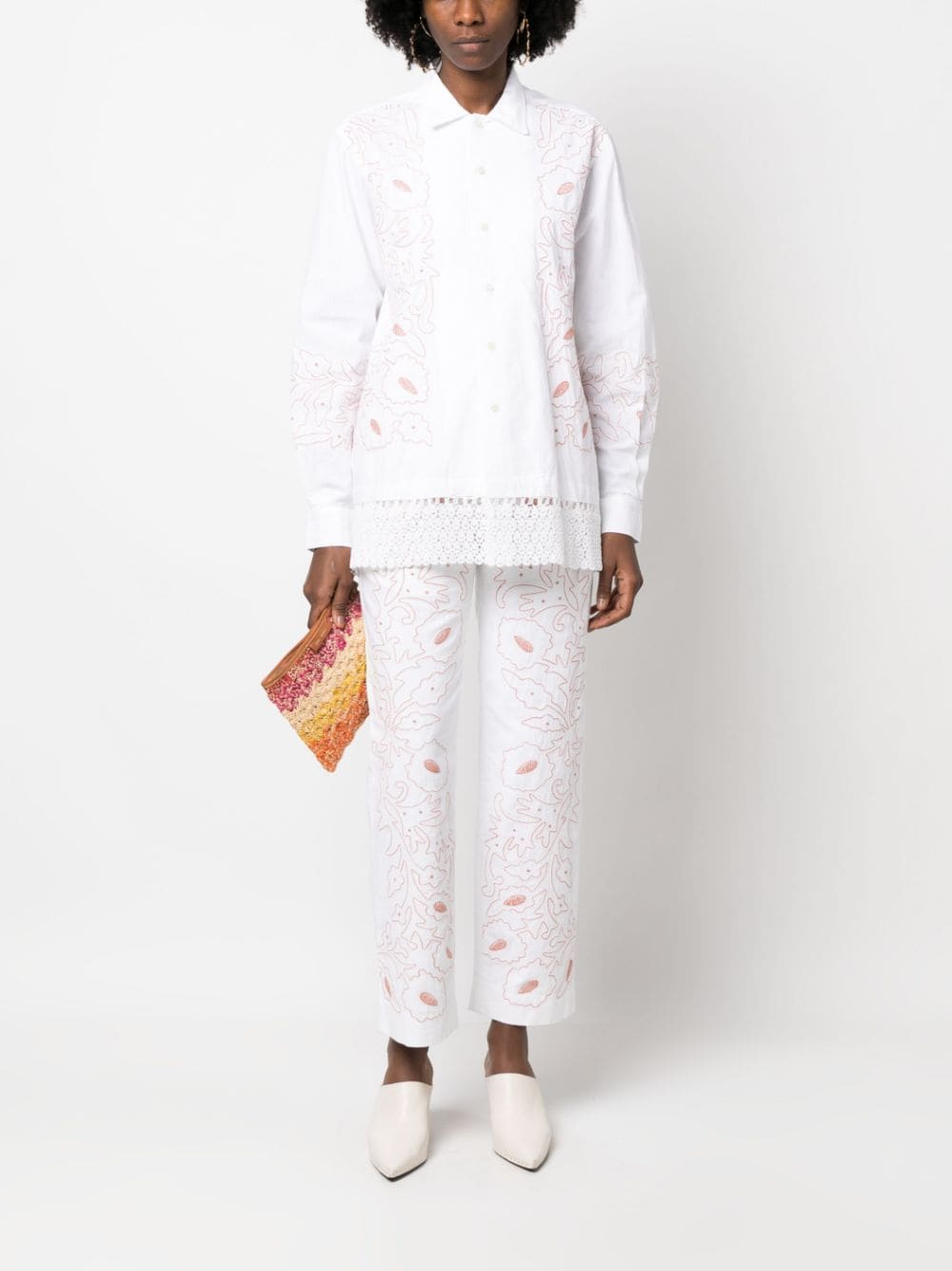 Shop Bode Pilea Floral-embroidered Trousers In White