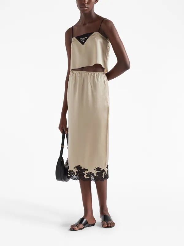 スカート PRADA IVORY SILK SKIRT Prada lace-trimmed Satin Midi Skirt | Neutrals | FARFETCH