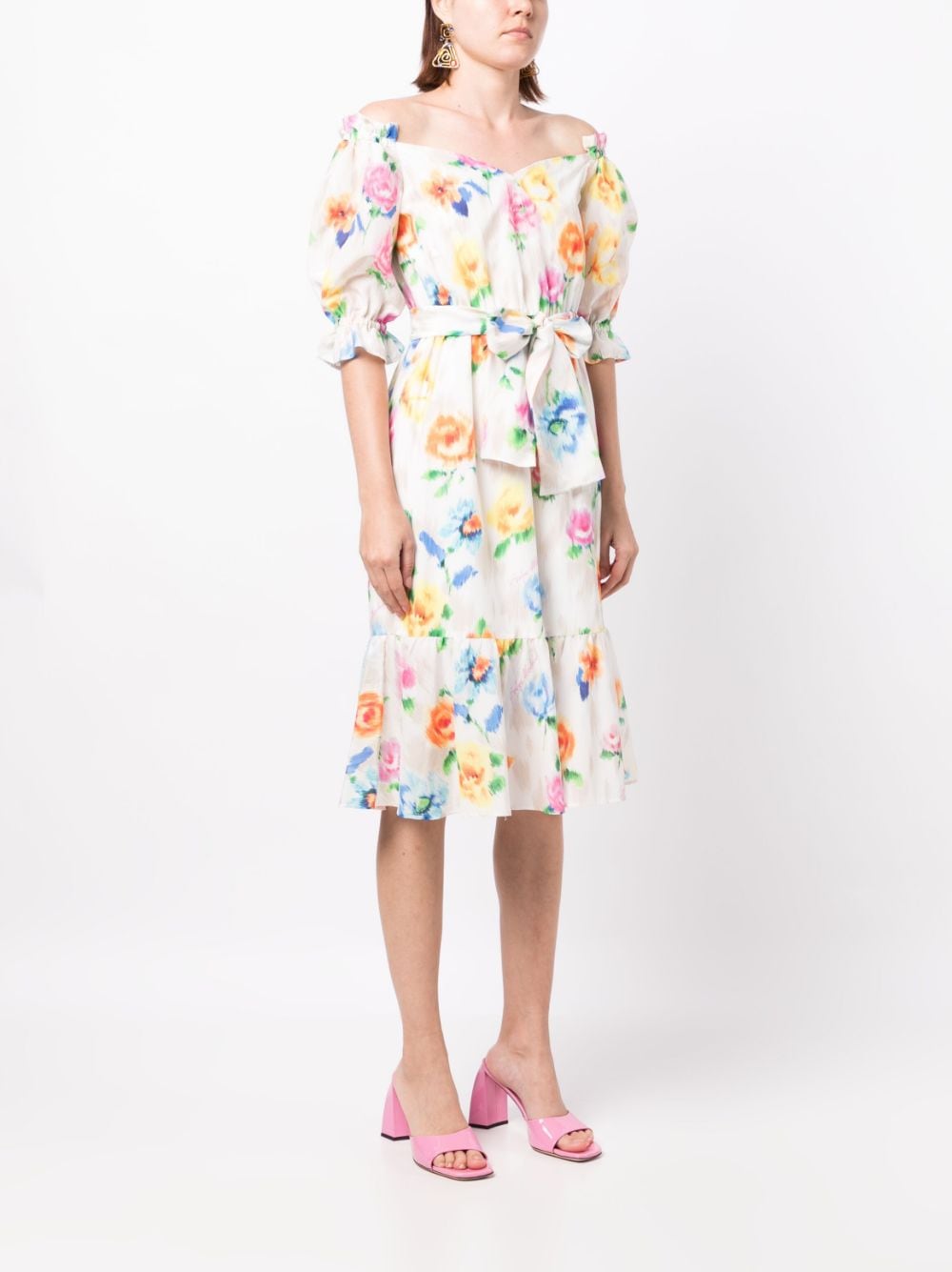 Shop Boutique Moschino Floral-print Belted Dress In White