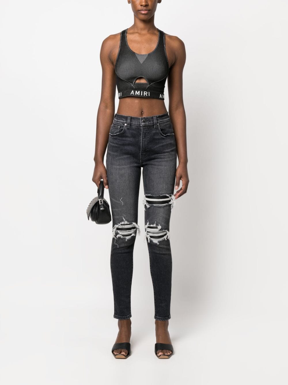 Shop Amiri High-waist Distressed Skinny Jeans In Grey