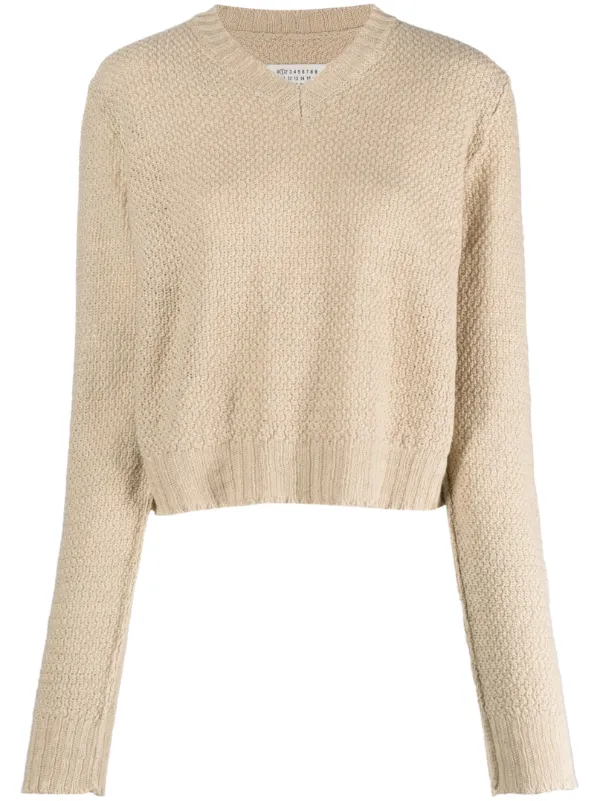 Maison Margiela V-neck Basket-weave Jumper in Neutrals