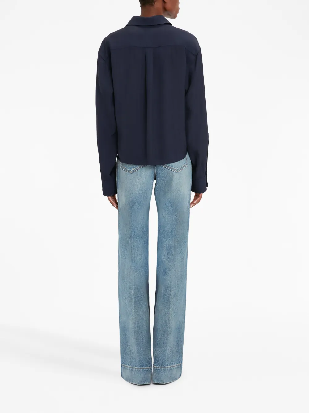 Victoria Beckham Cropped Button-front Shirt With Button Sleeves In Blue