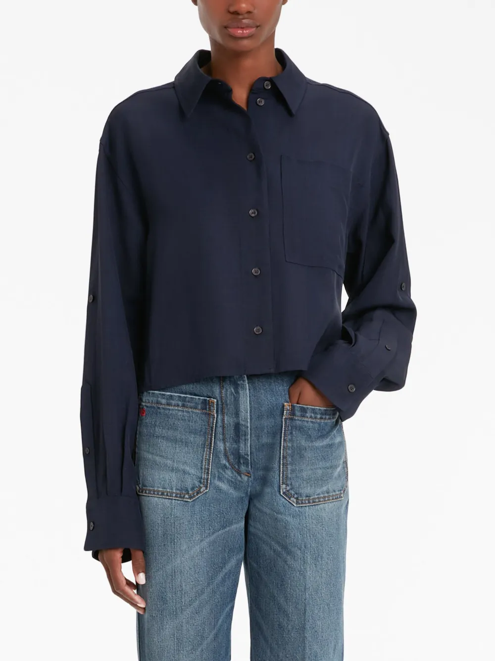 Victoria Beckham Cropped Button-front Shirt With Button Sleeves In Blue