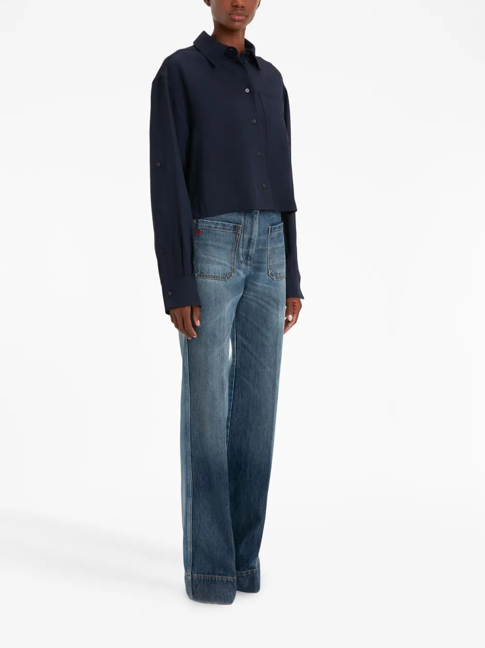 Victoria Beckham Cropped Button-front Shirt With Button Sleeves In Blue