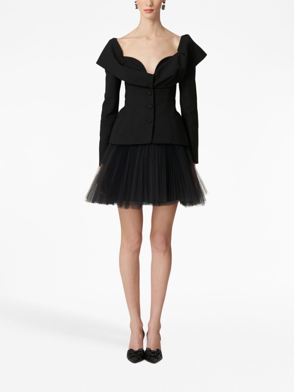 Shop Carolina Herrera Pleated Tulle Miniskirt In 黑色