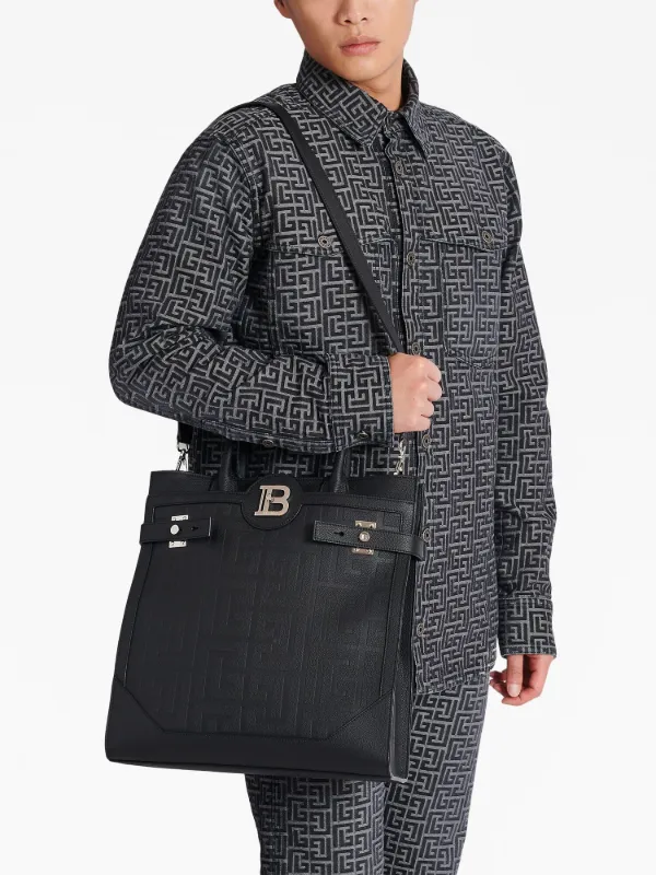 BALMAIN B-BUZZ 36 MONOGRAMMED CANVAS AND LEATHER TOTE, BLACK