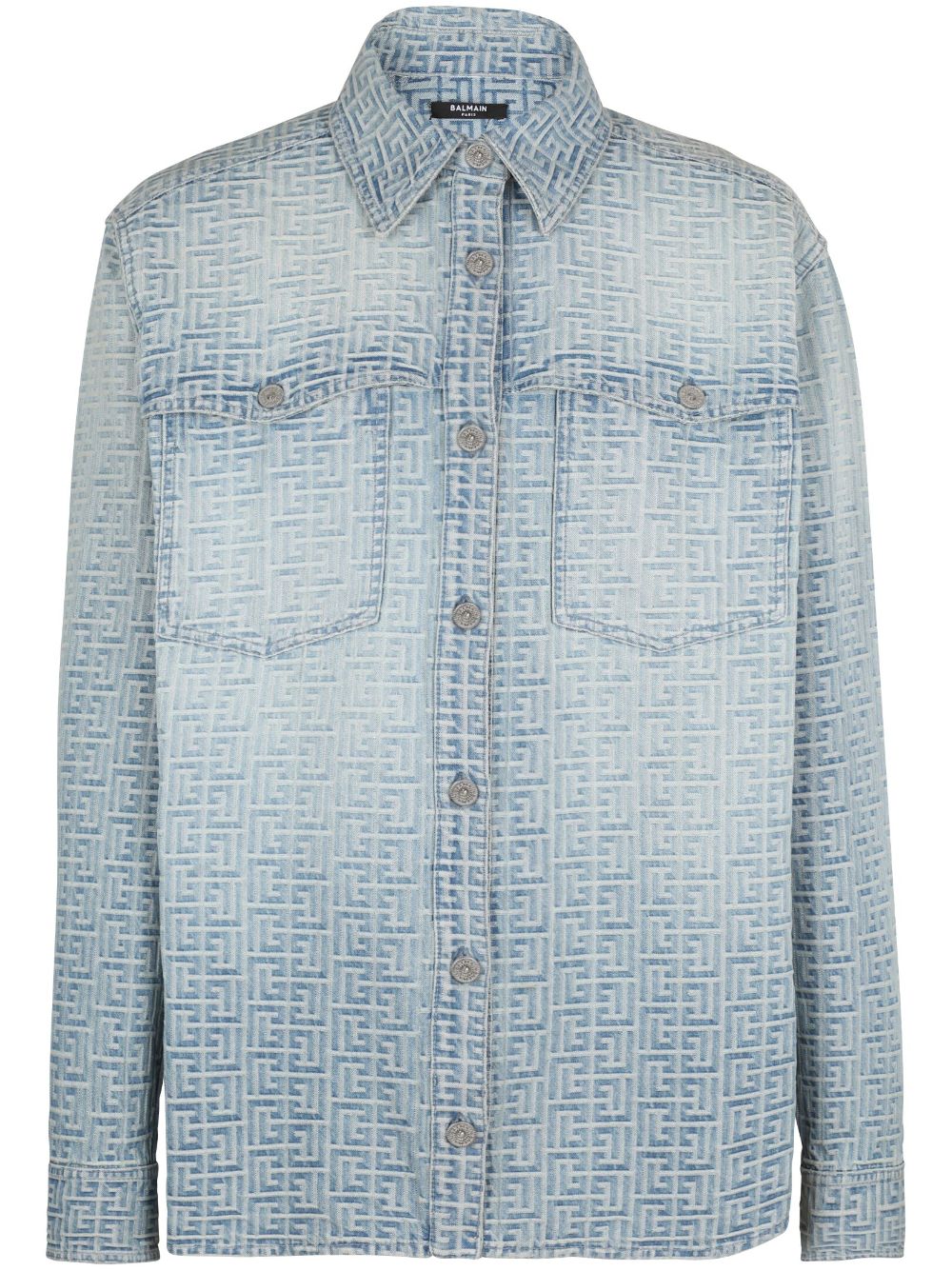 Shop Balmain Monogram-jacquard Cotton Shirt In Blue