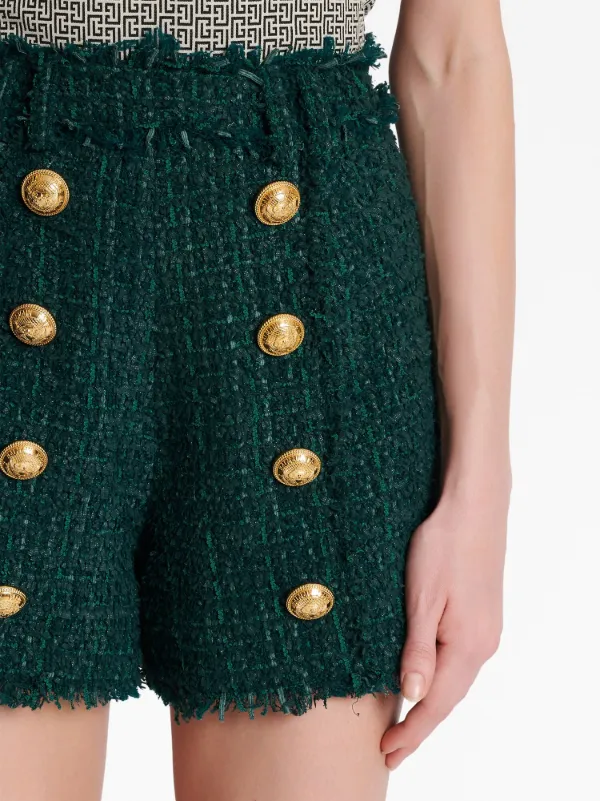 Balmain button-detail Tweed Shorts | Green | FARFETCH JO