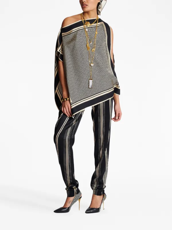 Balmain Multicolor Asymmetric Scarf Top With All-over Monogram Print In Silk  Woman in Black