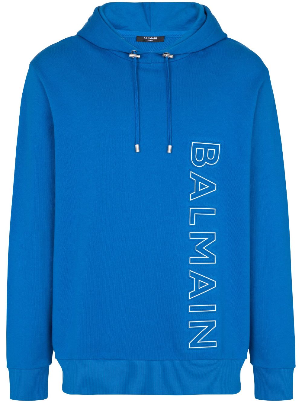 Shop Balmain Embossed-logo Drawstring Hoodie In Blue
