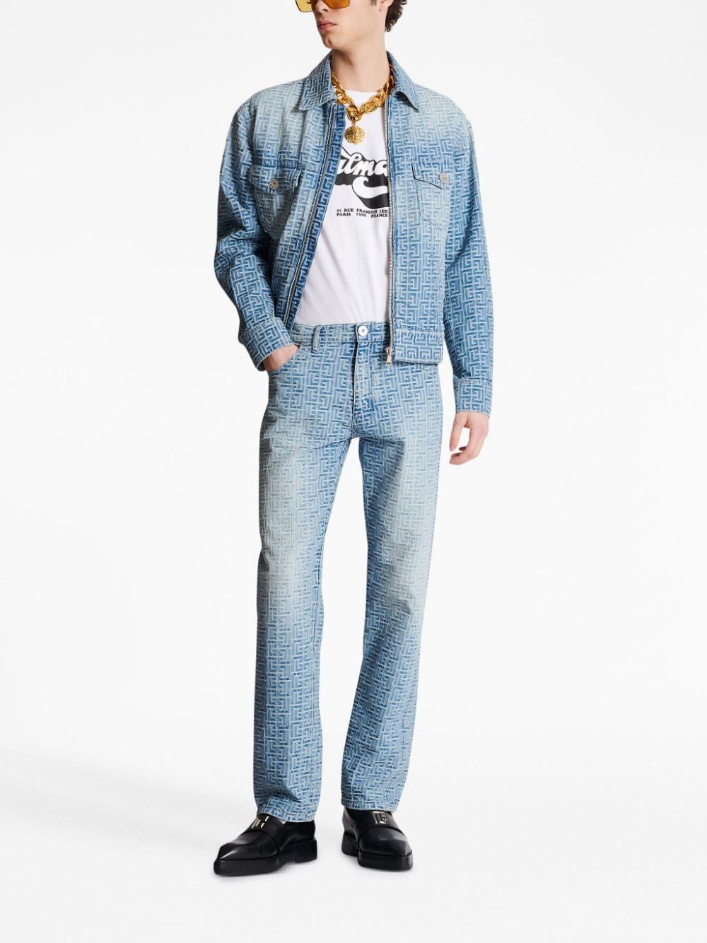 Shop Balmain Monogram-jacquard Straight-leg Jeans In Blue