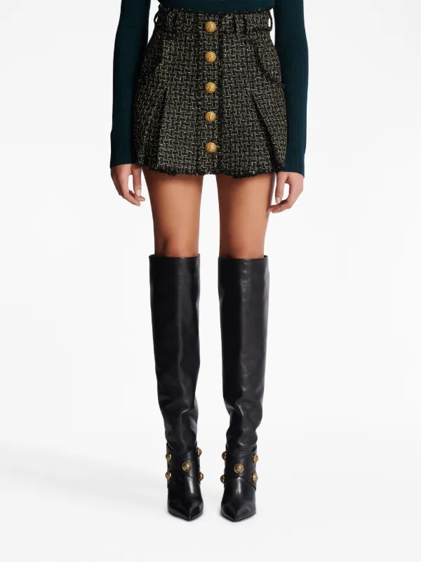 BALMAIN ボタン 装飾 ツイード ショート スカート Balmain ツイード プリーツミニスカート | ブラック | FARFETCH JP